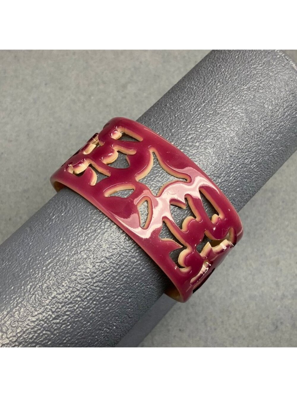 Open Carved Bangle Bracelet Purple Ivory Interior Elegant Retro Vintage Cuff